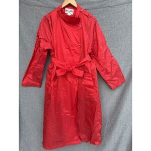 Vintage Aqua Sheen Red Nylon Long Belted Raincoat‎